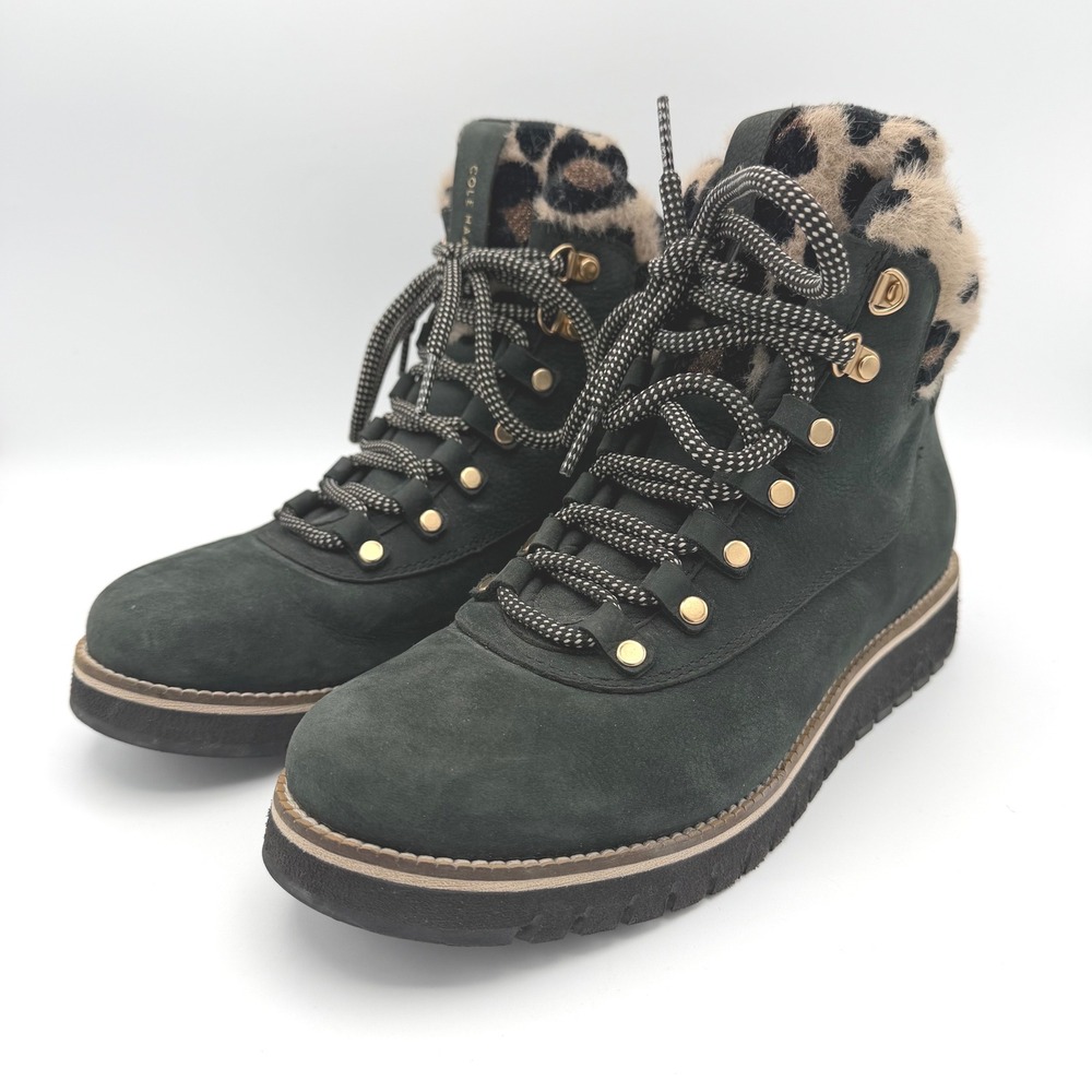Cole Haan Zerogrand Hiker Boots Womens 8.5 Green Suede Leopard Faux Fur W20398